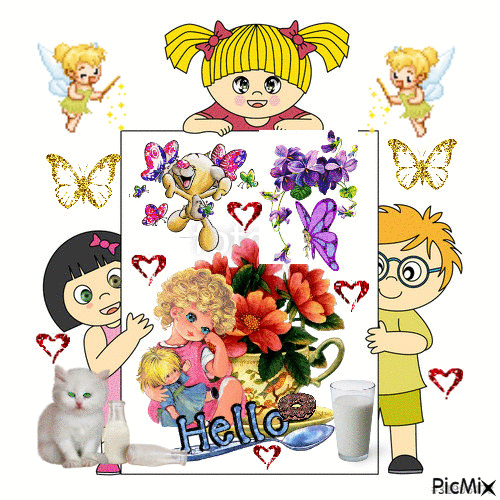 2 LITTLE GIRLS HOLDINGPURPLE FLOWERS AND PURPLE A LITTLE WITH FLOWERS AND , RED HEART CATS AND GOLD BUTTERFLIES. - Бесплатни анимирани ГИФ