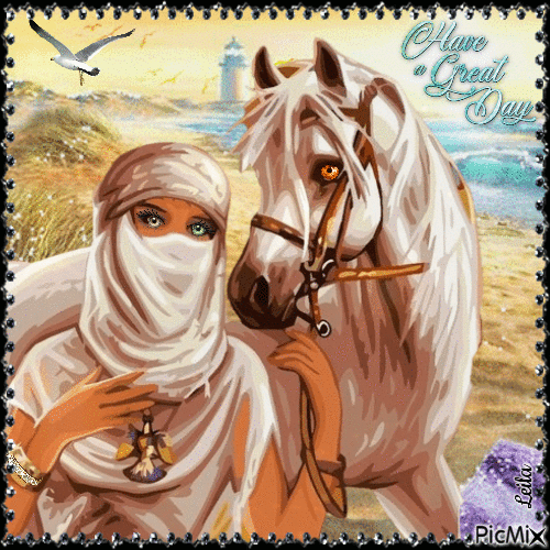 Have a Great Day. Woman, horse, summer - Ingyenes animált GIF