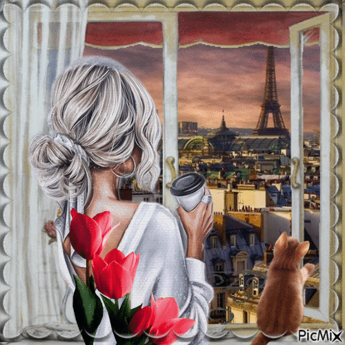 Femme à Paris avec son Chat - GIF animé gratuit