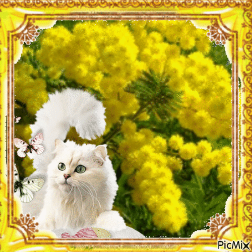 Chat blanc dans les Mimosas - Ingyenes animált GIF