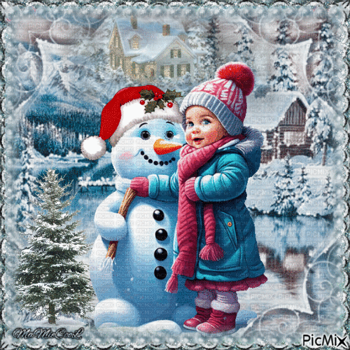 paysage fillette bonhomme de neige - GIF animé gratuit