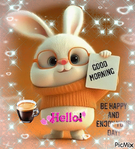 bonjour lapin et tasse de café - GIF animado gratis
