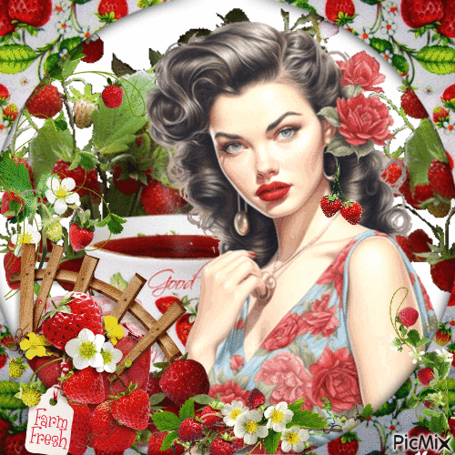 Donna vintage in rosso e fragole - Бесплатни анимирани ГИФ