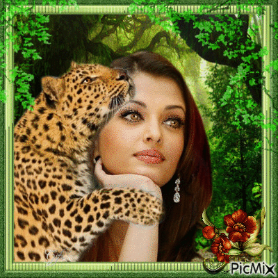 woman with leopard - Gratis animeret GIF