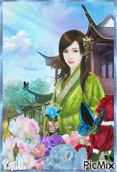 Portrait of a japanese lady with flowers & - GIF animado grátis