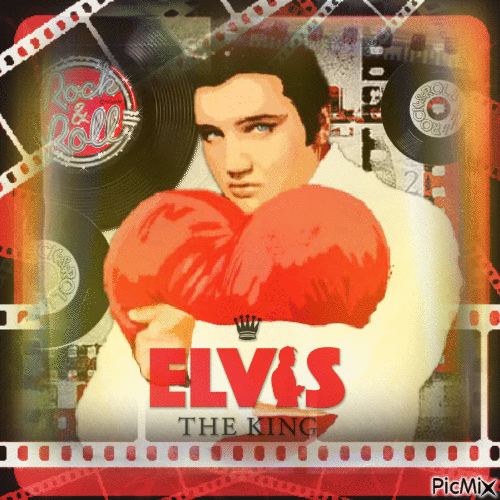 Romantico ritratto di Elvis in rosso, oro e nero - Бесплатный анимированный гифка