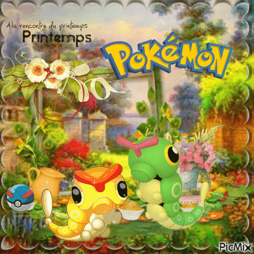 Pokémon caterpie au printemps - GIF animé gratuit