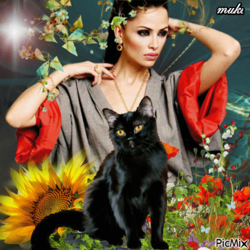 Femme avec un chat - Free animated GIF