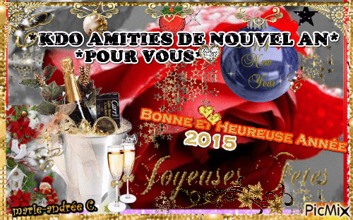 Rose rouge,Fond gris & "Décos Fêtes", bonne et Heureuse Année 2015 -- Kdo Amitiés. - GIF animé gratuit