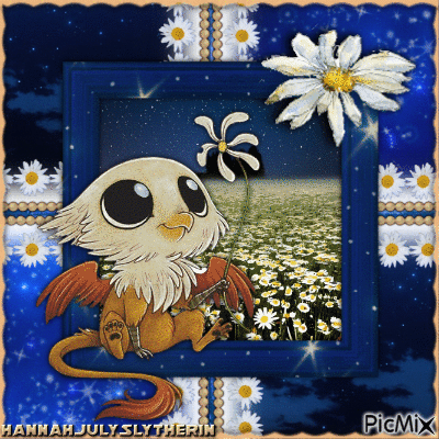 ♦Griffin holding a daisy in a daisy field at night♦ - Kostenlose animierte GIFs