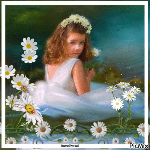 Kleines Mädchen unter Gänseblümchen - Gratis animeret GIF