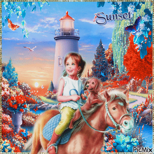 Kleines Mädchen mit ihren pony am leuchtturm - Бесплатный анимированный гифка