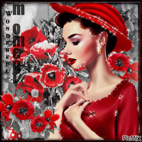 Girl in a hat among flowers - Бесплатный анимированный гифка