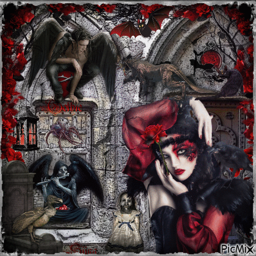 Femme gothique et roses - Безплатен анимиран GIF