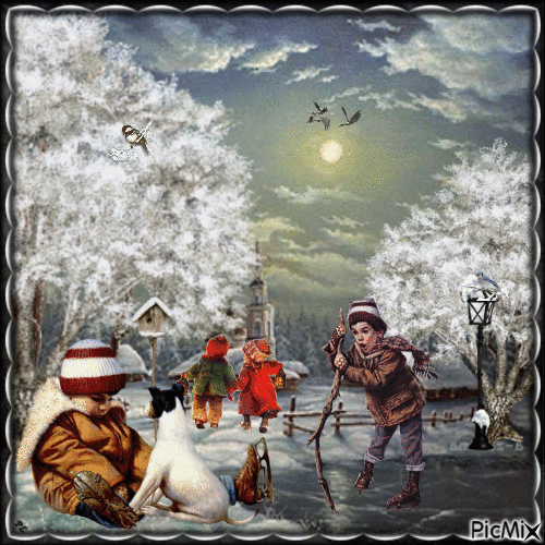 Children playing in the snow - Contest - GIF animé gratuit