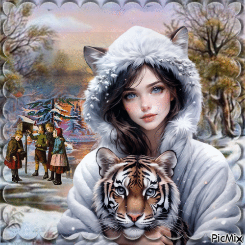 Femme en Hiver avec son tigre - GIF animé gratuit