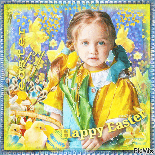 Happy Easter children yellow blue - Besplatni animirani GIF