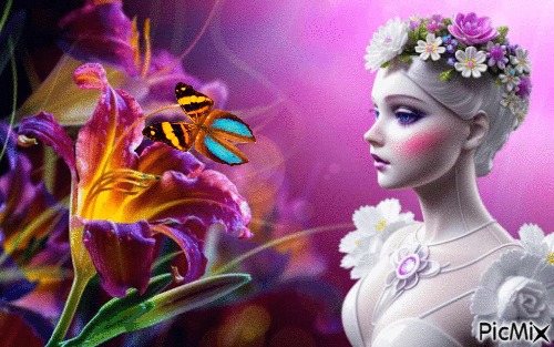 La jeune fille et le papillon - Gratis animeret GIF