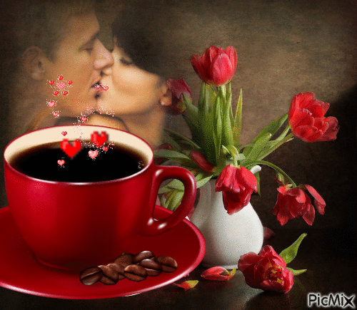 поцелуй и чашечка кофе - Gratis animeret GIF