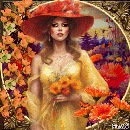 Женщина  и цветы - Ingyenes animált GIF