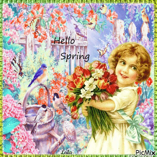 Hello Spring. Girl. V - GIF animasi gratis