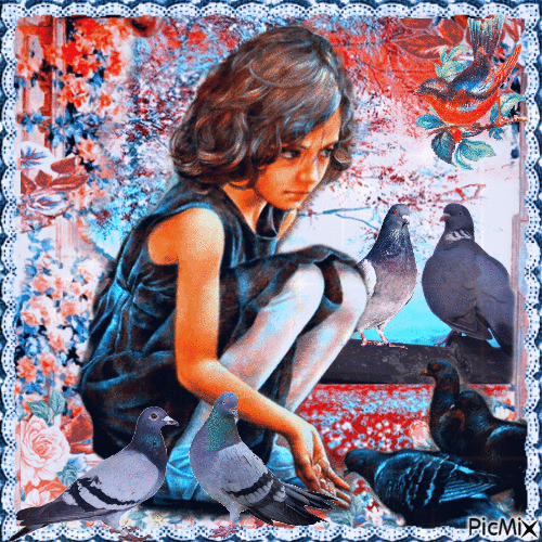 Little girl with pigeons - Ingyenes animált GIF