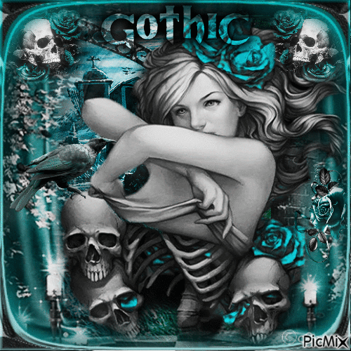 Gothic woman with skulls - Безплатен анимиран GIF