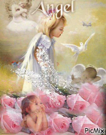 LITTLE ANGELS AMONG PINK ROSES AND DOVES AND A SPARKLIND BUTTERFLY. - GIF animate gratis
