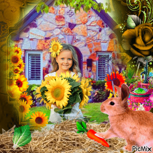 Sunflower child with her pet - Бесплатный анимированный гифка