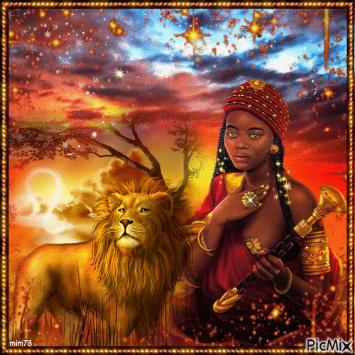 La femme afro et le lion - Безплатен анимиран GIF
