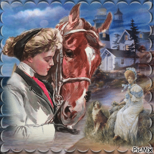 Phare et femme vintage avec son cheval - GIF animado gratis