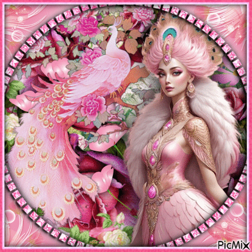 Woman and Peacock-Pink-RM-03-17-24 - Free animated GIF