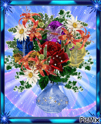 Blue flowerpot with flowers. - GIF animé gratuit