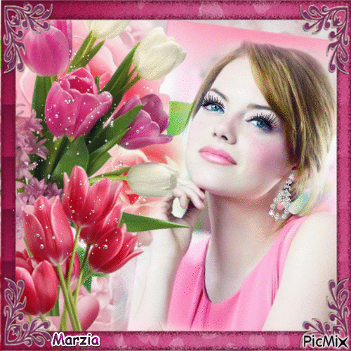 Tulipes roses et femme en rose - Zdarma animovaný GIF