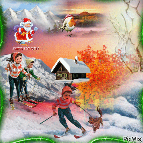Santa and some rest go Skiing - GIF animé gratuit
