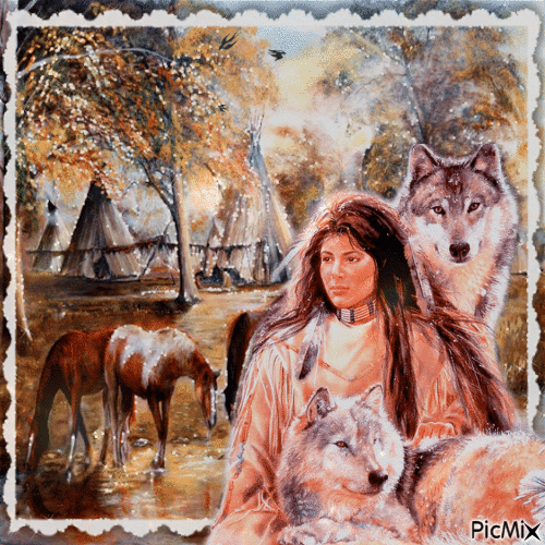 Indianer - Frauen und Wolf - Бесплатный анимированный гифка