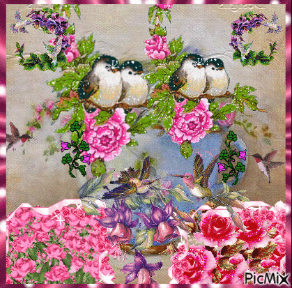 PINK AND PURPLE SPARKLING FLOWERSSPARKLING BIRDS AND FLOWERS IN A BLUR CUPHUMMINGBIRDS FLYING AROUND PINK ROSES, SPARKLING. - Gratis geanimeerde GIF