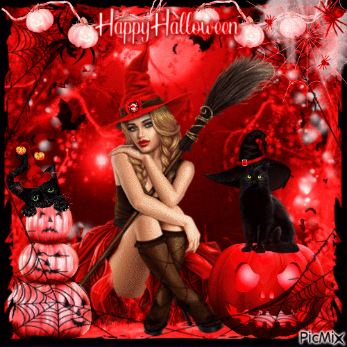 Red Witch & Black Cats - Free animated GIF