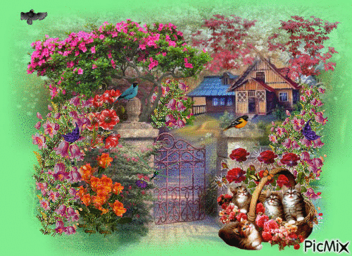 HOUSE, TREES ALL AROUND IT, FLOWERS SPARKLING, BUTTERFLIES AND BIRDS, AND A DRAGONFLY PLAYING ON THE FLOWERS. A BASKET OF KITTENS, WITH SPARKLING ROSES, BACKGROUND FLASHING COLORS. - Бесплатни анимирани ГИФ