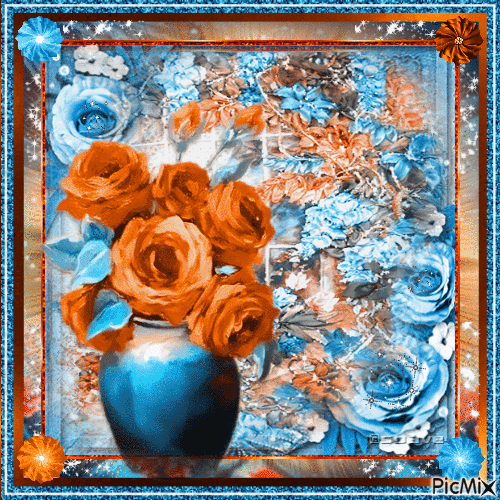 Bouquet de Fleurs Orange et Bleu - Free animated GIF