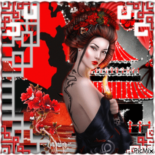 Belle Japonaise sensuelle en rouge,blanc,gris et noir - Gratis animeret GIF