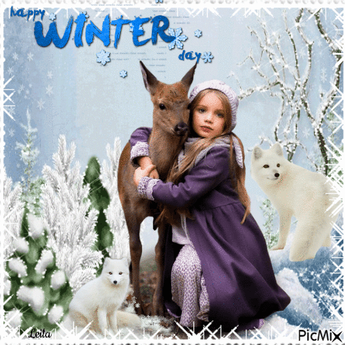 Happy Winter Day. Foxes, deer, girl - Free animated GIF