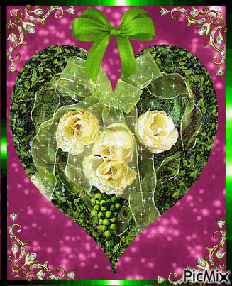 Yellow roses on a green heart. - Gratis animeret GIF