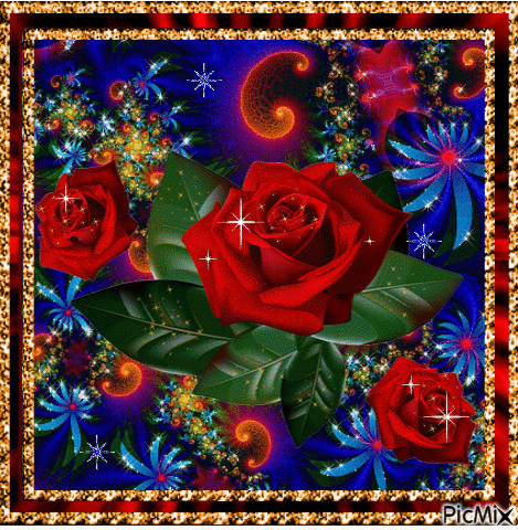 Red roses on blue. - Animovaný GIF zadarmo