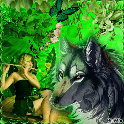 Femme et Loup vert - Gratis geanimeerde GIF