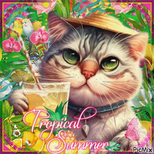Tropical summer with a cat - GIF animate gratis