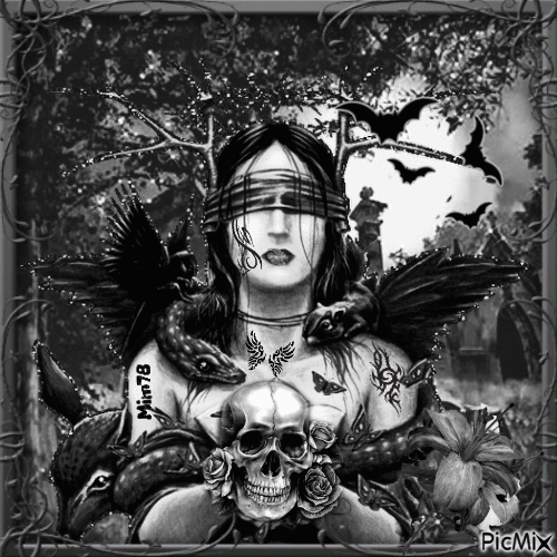 femme gothique avec un tatouage et un crâne - Noir et blanc - 無料のアニメーション GIF