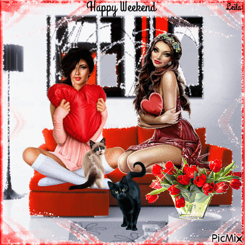Happy Weekend. 2 Girl friends and cats - GIF animado grátis