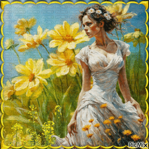 La belle et ses fleurs jaunes. - GIF animate gratis