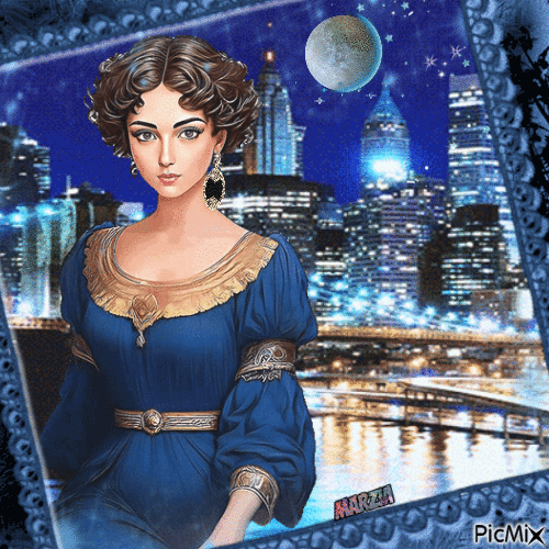 Donna in blu navy, in città, al chiaro di luna - Free animated GIF